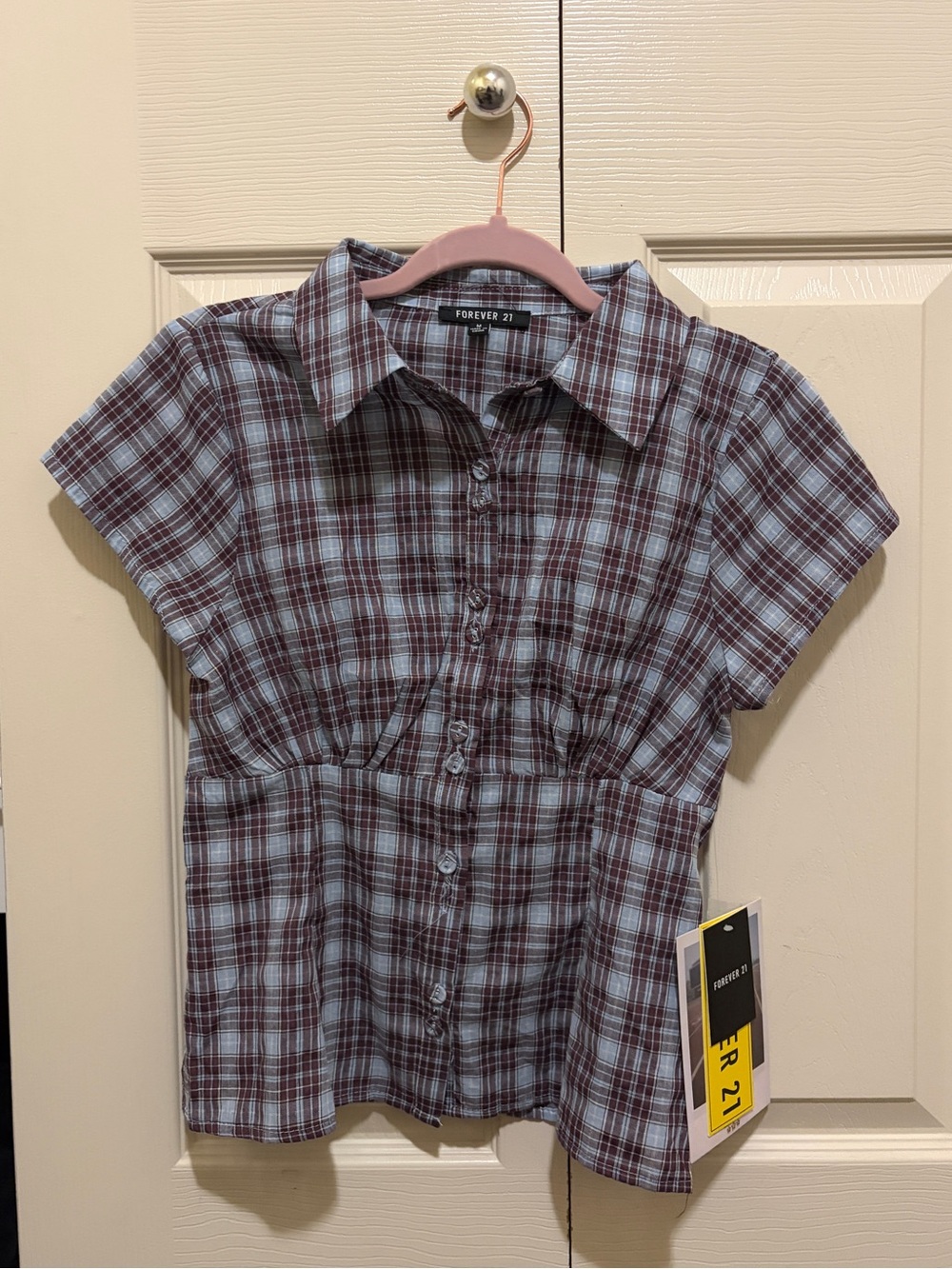 Forever 21 Blue & Brown Plaid Short-Sleeve Button-Down Shirt